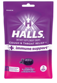 HALLS Cough and Throat Relief Plus Immune Support, Elderberry Cough Drops, 25 Count Drops